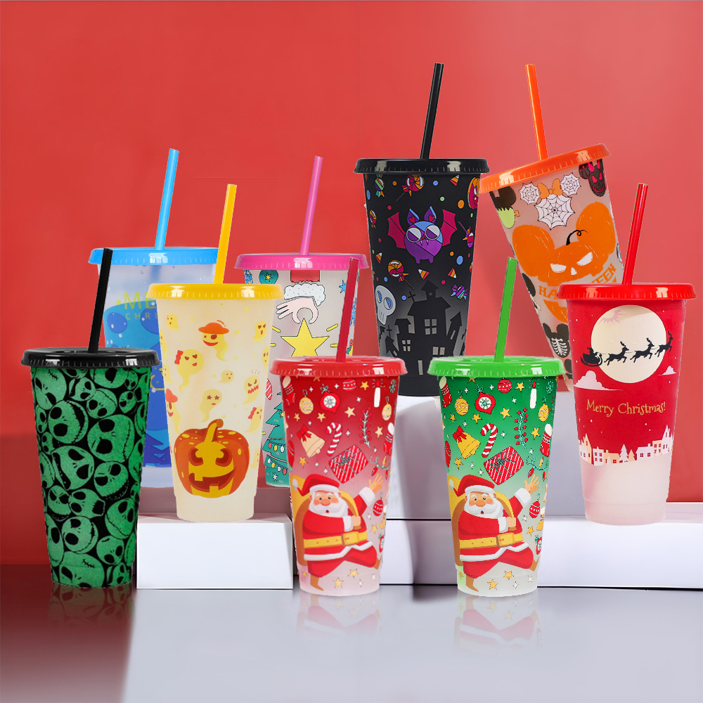 2025 New Creative Festival temperature-sensitive plastic color-changing Cup for Halloween 710ml single-layer color-changing straw Plastic cup full figure