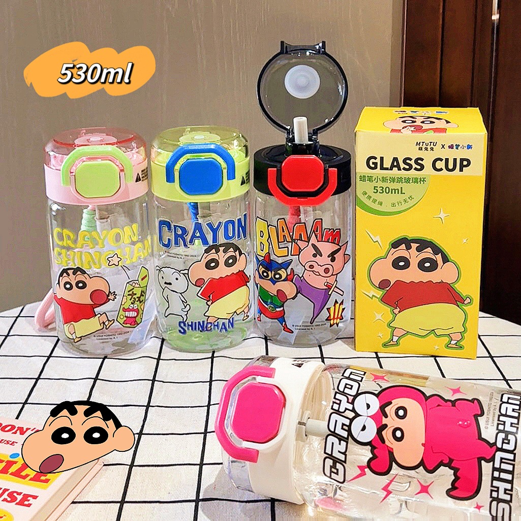 Wax pen shin-chan glass cup, cute girl with a drawstring and a spring lid, student with high appearance level, portable milk straw cup Specification drawing