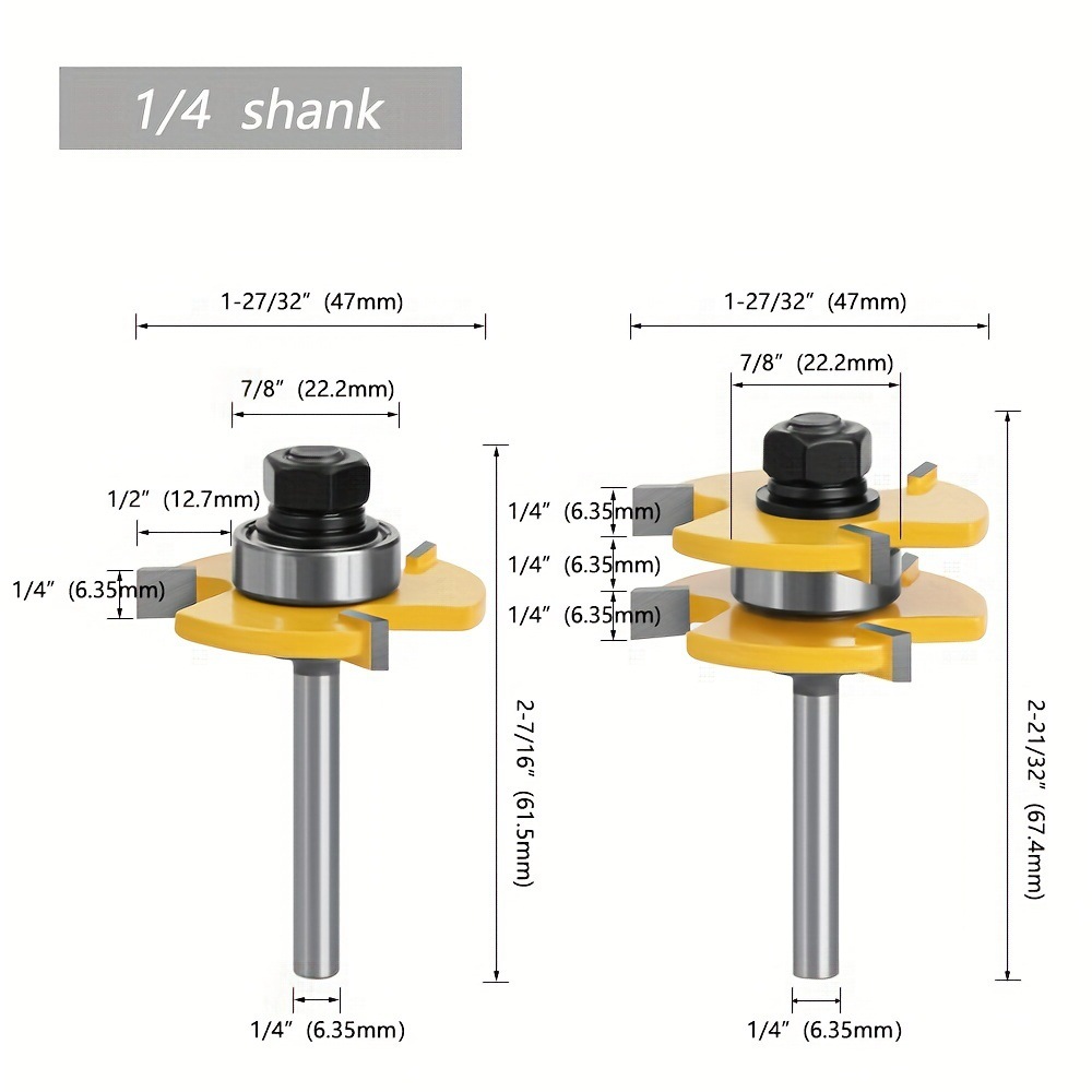 6.35mm handle 1/4 handle three-tooth T-shaped tenon cutter, panel cutter, floor cutter, woodworking milling cutter, tungsten steel milling cutter, assembly full figure
