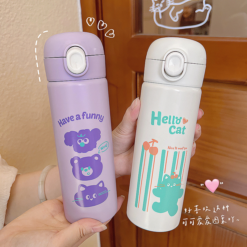 New cartoon pop-up lid insulated cup for direct drinking, high appearance level student water cup, portable for girls, couple stainless steel cup Specification drawing