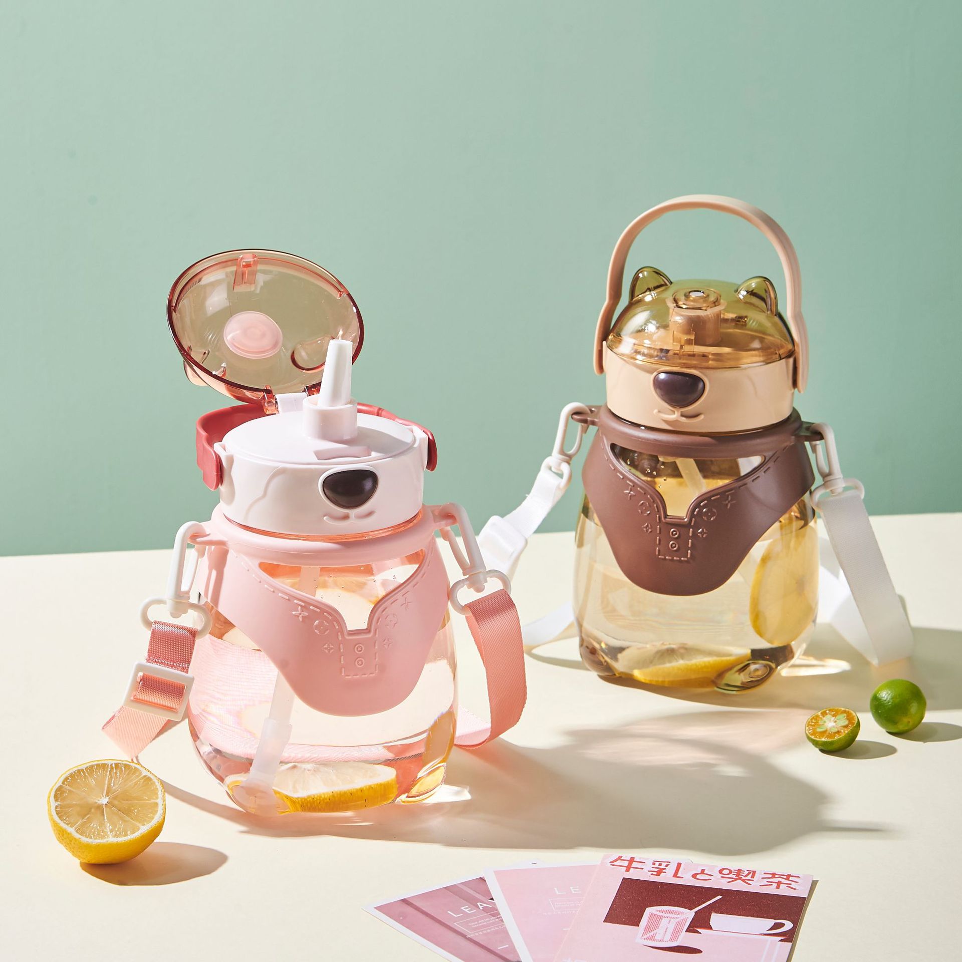 New internet-famous cute bear plastic water cup, large-capacity straw cup, children's outdoor water bottle, space cup, tonton cup details Picture
