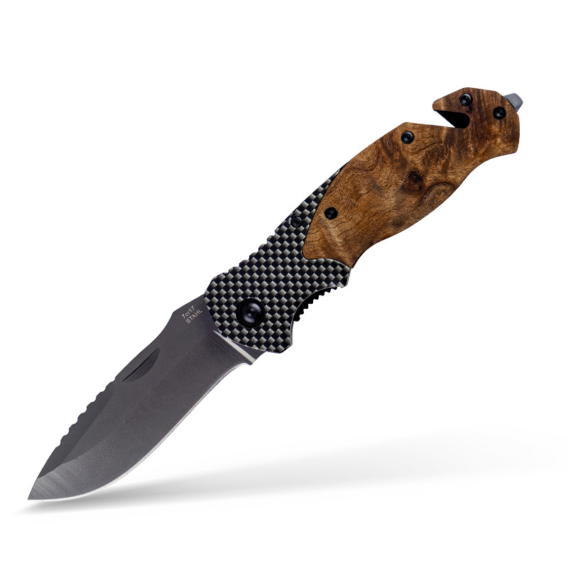 7Cr17 Outdoor Folding knife, carbon fiber texture shadow wood belt push nail folding knife, multi-functional camping survival outdoor knife undefined