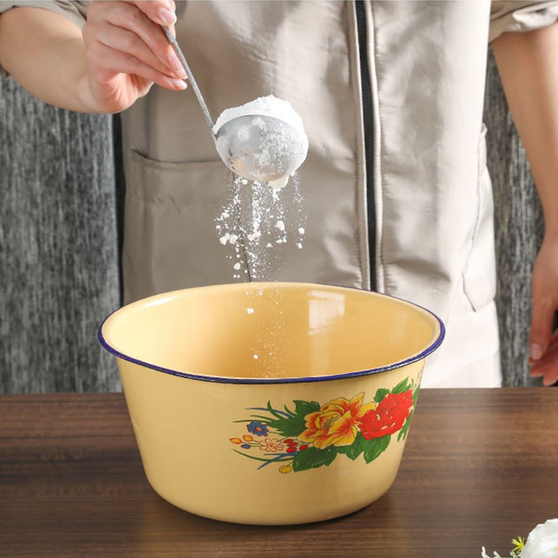 The same style of enamel cake basin as the Internet celebrity, with a lid, yellow and dark enamel soup pot, enamel enamel washbasin, enamel soup basin Specification drawing