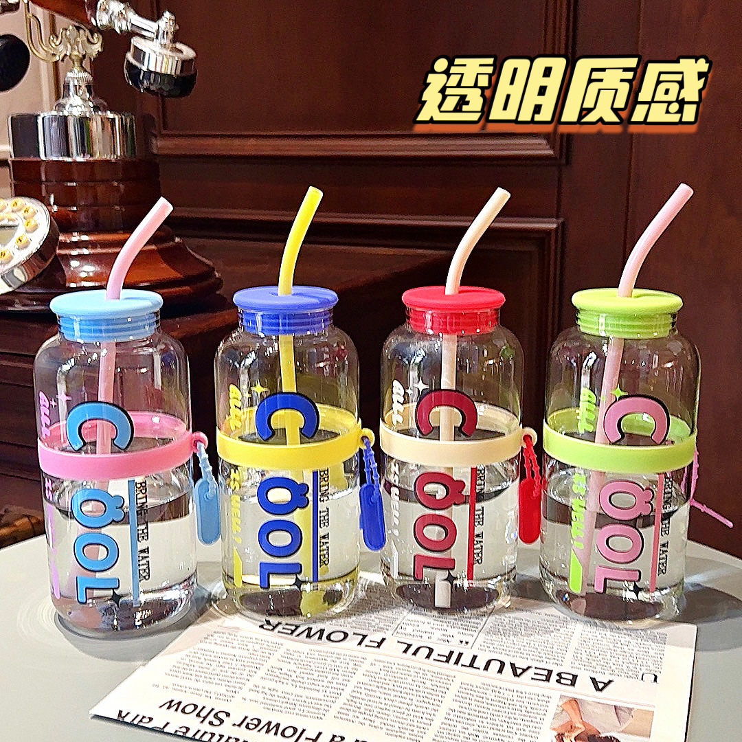 Wholesale of 2025 new style glass cups with high mirror finish, large capacity straw cups, and simple English water cups for office and home use Specification drawing