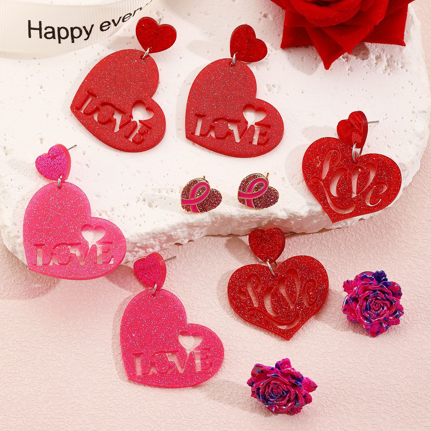 European and American cross-border Valentine's Day LOVE heart-shaped earrings, spring and summer colorful acrylic flower stud earrings, women's accessories details Picture