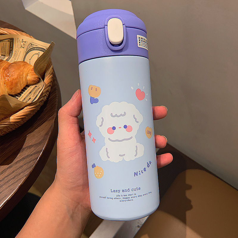 Cartoon insulated cup with straw, cute student winter water cup, portable leak-proof lock, high appearance level stainless steel cup Application Scenario