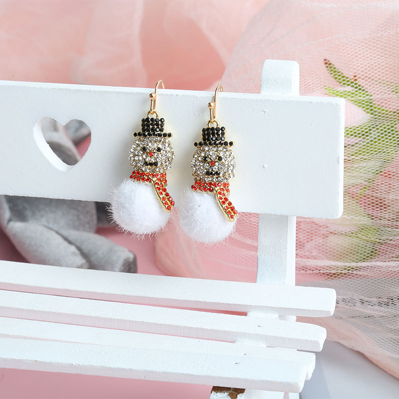 Cute Christmas earrings from Europe and America, with ear hooks, snowman earrings full of diamonds and sticky balls, and simple holiday earrings details Picture