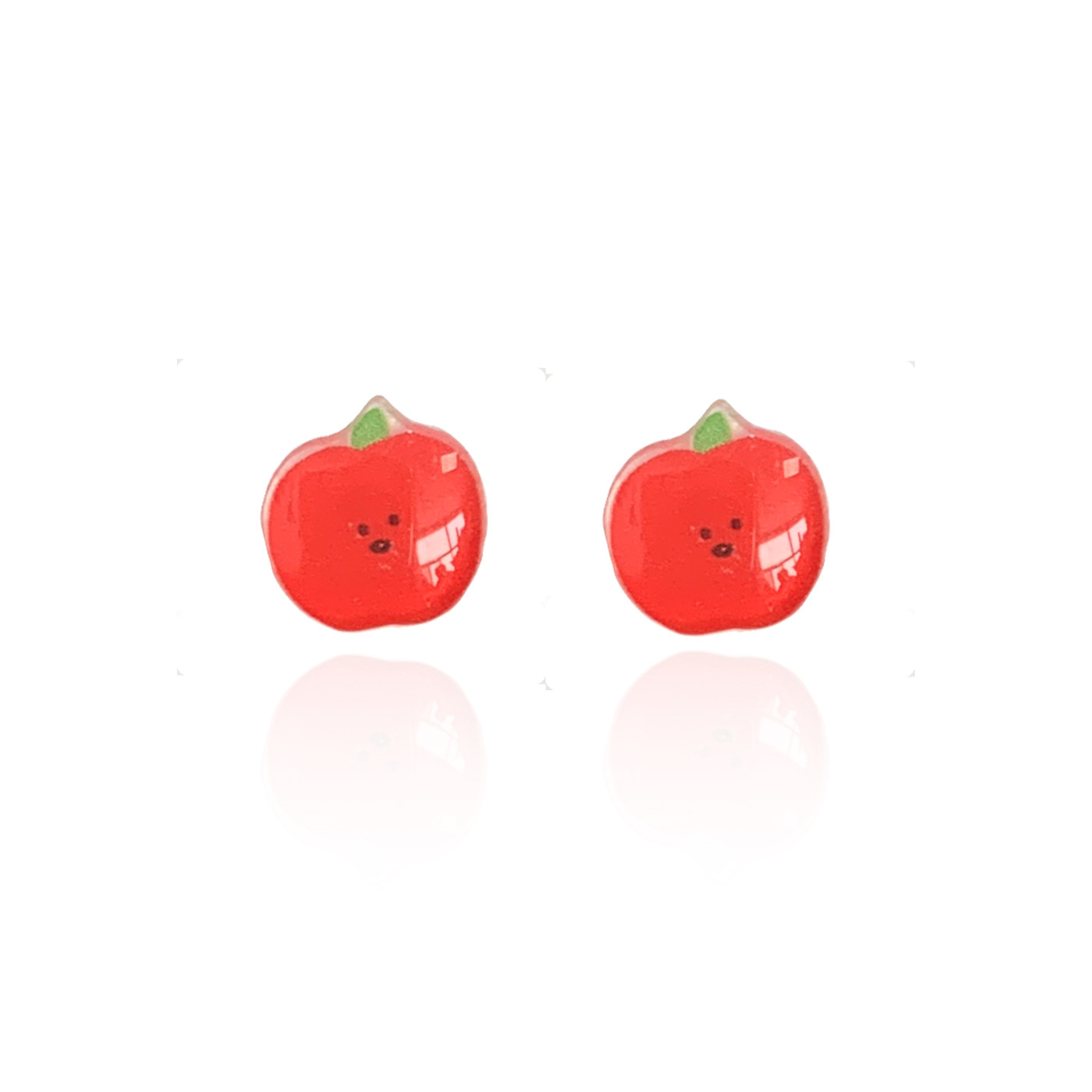 New resin cute and small apple cat stud earrings, hand-painted dopamine sweet silver needle cartoon student earrings Item Picture
