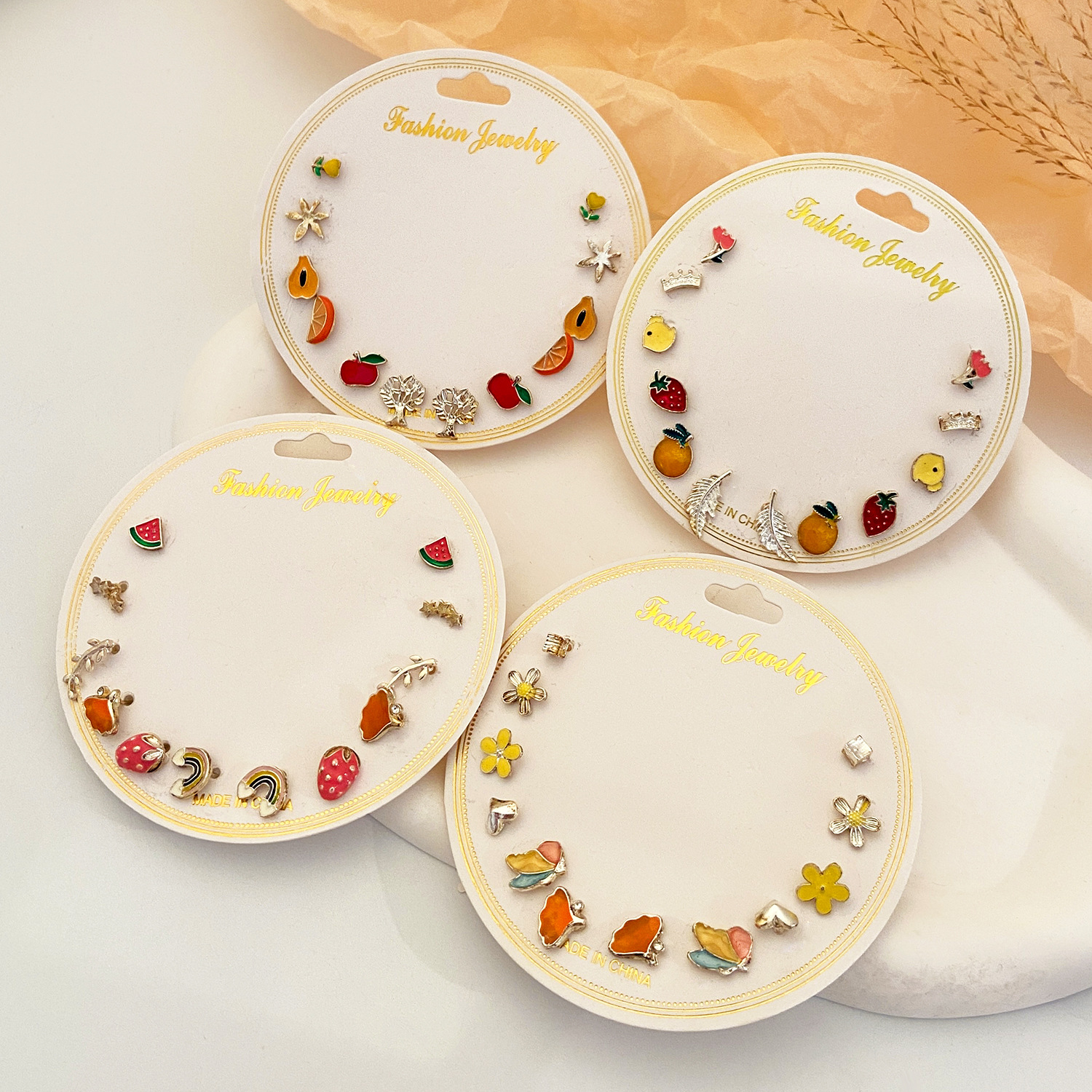 Japanese and Korean fresh fruit stud earrings set, sweet oil-dripping strawberry and cherry earrings 6-piece set, geometric fun earrings for women details Picture