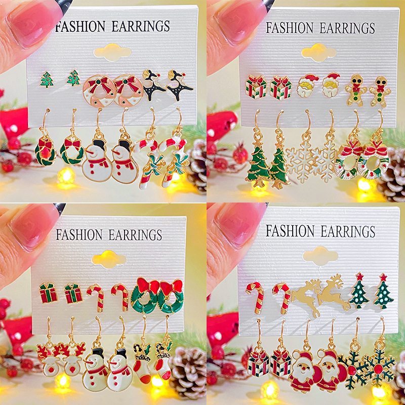 European and American Christmas earring set combination ins alloy oil-dripping snowman Snowflake reindeer Christmas tree stud earrings details Picture