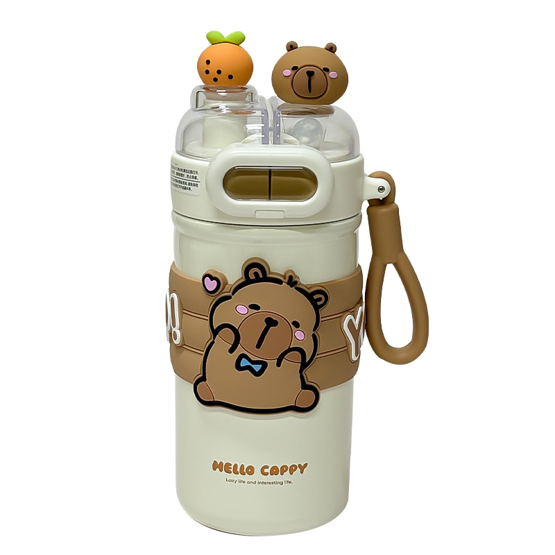 Cartoon cute Capibara glasses, double drinking cup, insulated cup, 316 stainless steel portable lock buckle drinking cup for children Item Picture