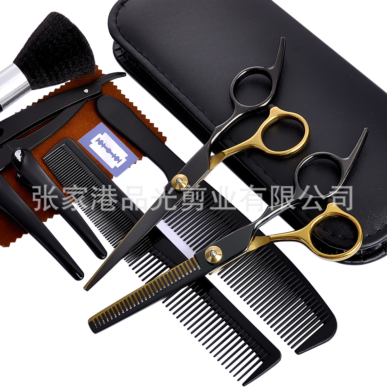 Factory wholesale hairdressing scissors, hairdressing scissors, flat bangs, thin and broken hair, black and gold scissors, hairdressing sets details Picture