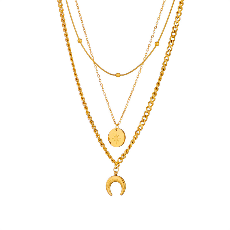 European and American cross-border fashion, high-end style, versatile multi-layer raised bar metal round plate moon pendant collarbone necklace Item Picture
