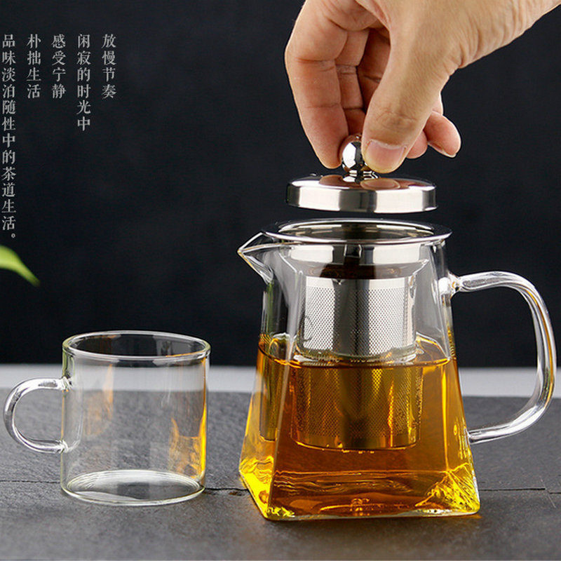 Glass teapot, heat-resistant flower teapot, high borosilicate fair teapot, stainless steel teapot, heat-resistant glass teapot with filter screen Specification drawing