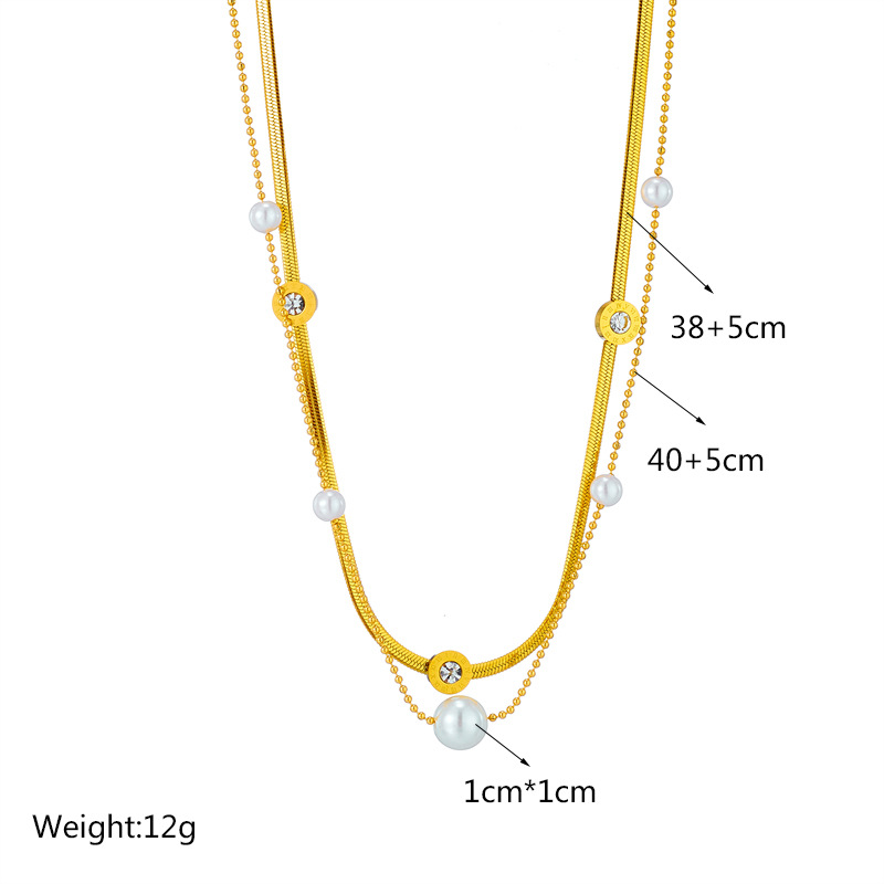European and American double-layer pearl Roman numeral round plate diamond-encrusted accessory titanium steel jewelry, retro and versatile collarbone necklace Application Scenario