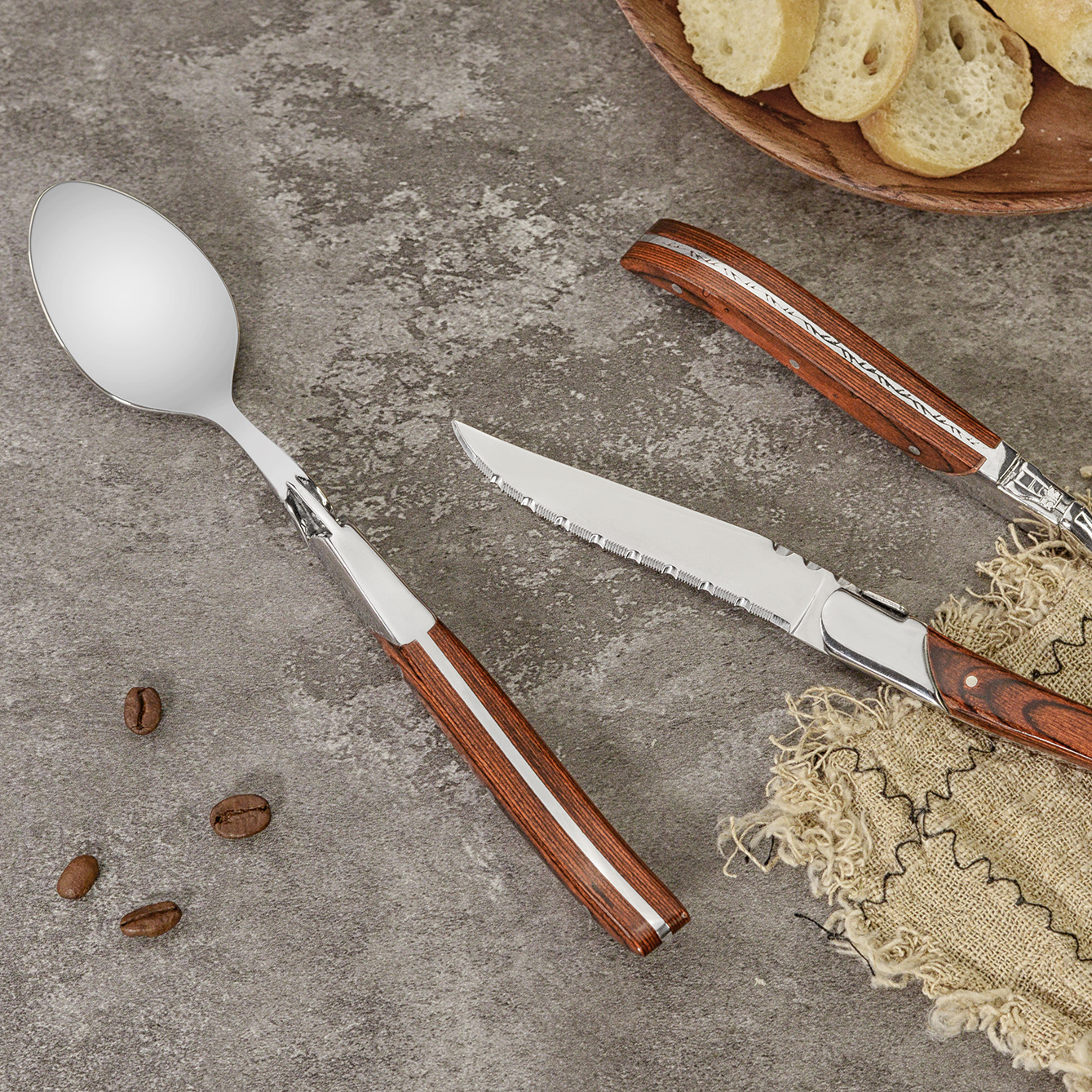 Colorful wood steak knife, steak fork, Western cuisine knife, fork and spoon set, wooden-handled serrated steak knife, Western restaurant household steak knife details Picture
