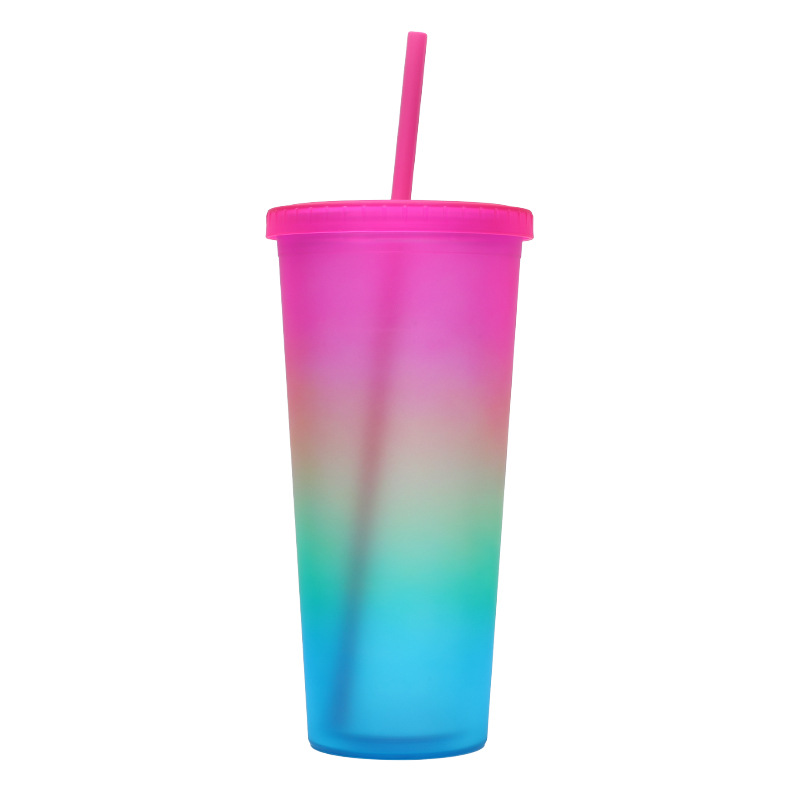 Factory direct supply rainbow-colored double-layer plastic straw cups, cross-border frosted portable cups, large-capacity outdoor sports water cups Specification drawing