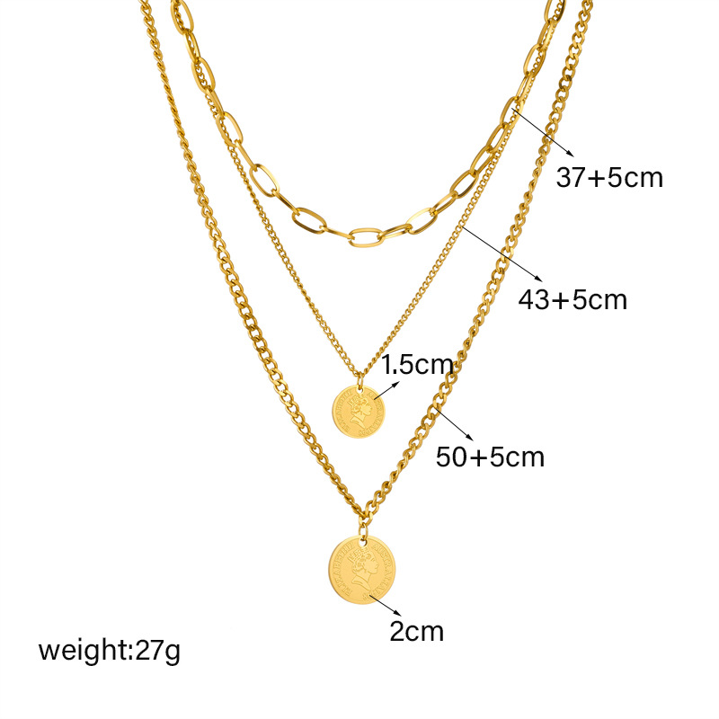 European and American fashion, creative and personalized multi-layer chain metal coin round pendant titanium steel necklace Application Scenario