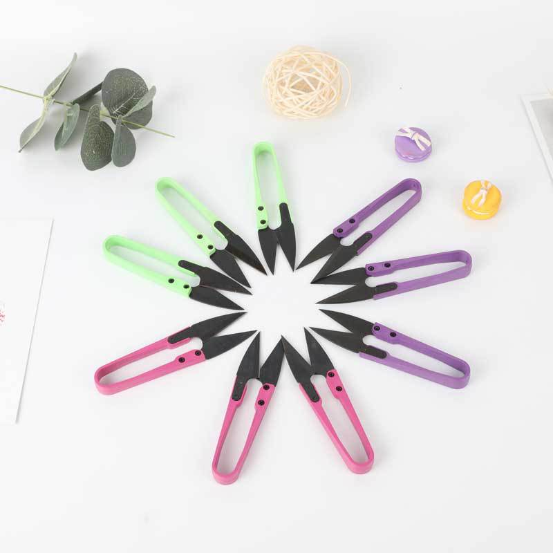Wholesale anti-rust colored plastic fishing shears, U-shaped small scissors, cross-stitch thread end scissors, household tailor scissors details Picture