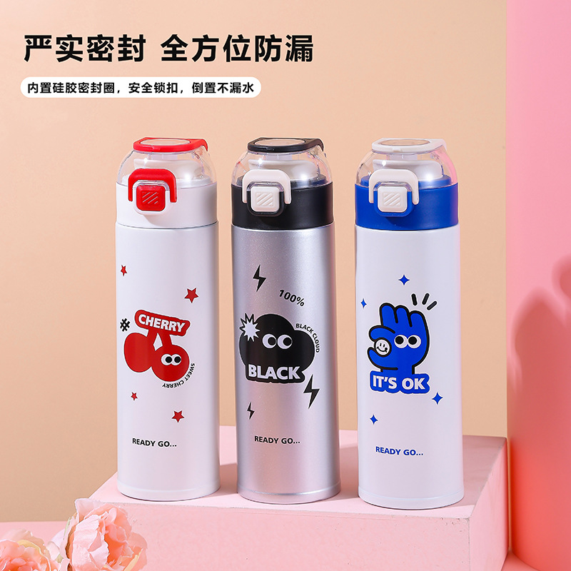 Cartoon stainless steel children's insulated cup, high appearance level, cute cartoon double-drinking straw cup, portable hand-held bouncing cup Specification drawing