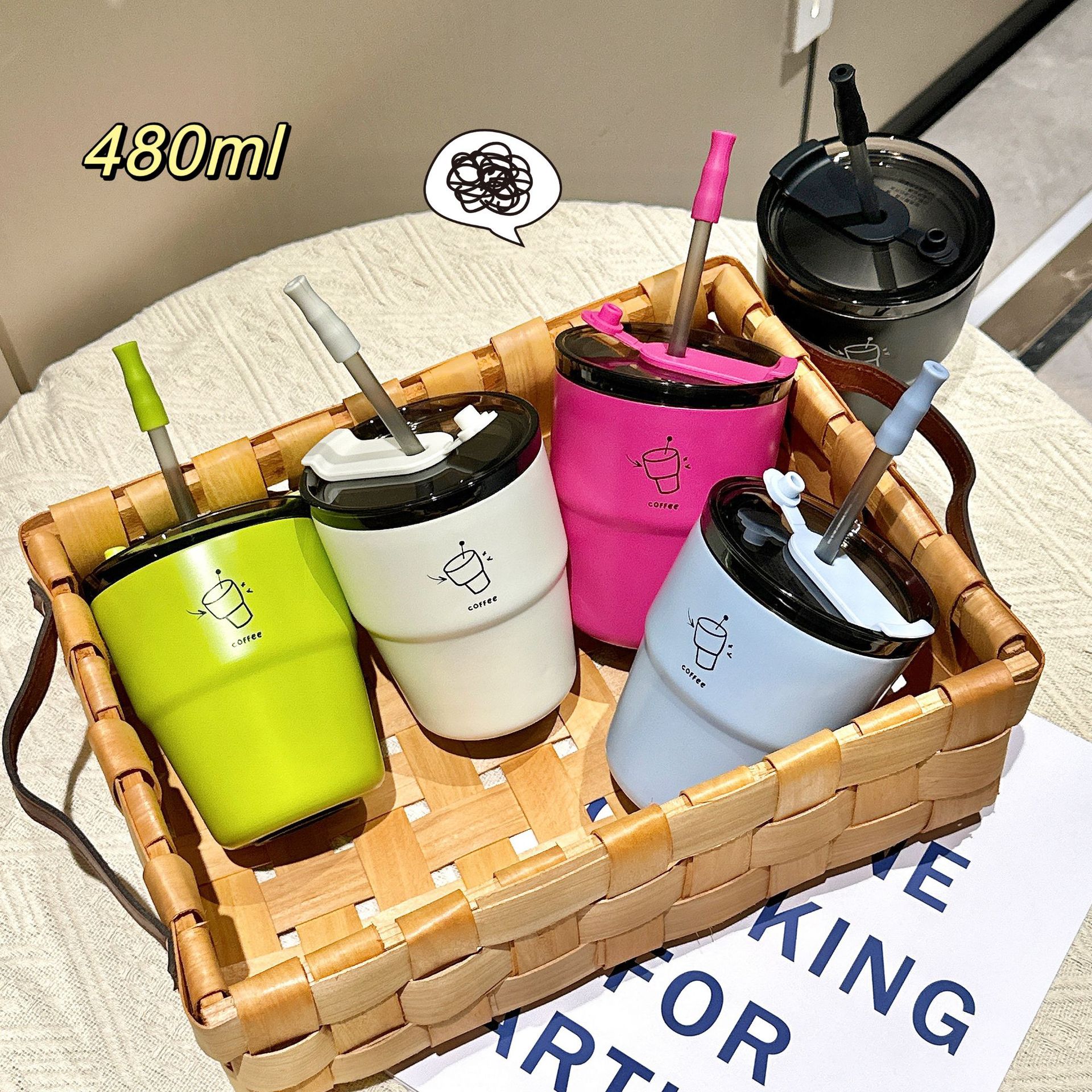 ins high appearance level coffee cups, simple couple double-drinking straw cups, creative office gift stainless steel water cups wholesale Specification drawing