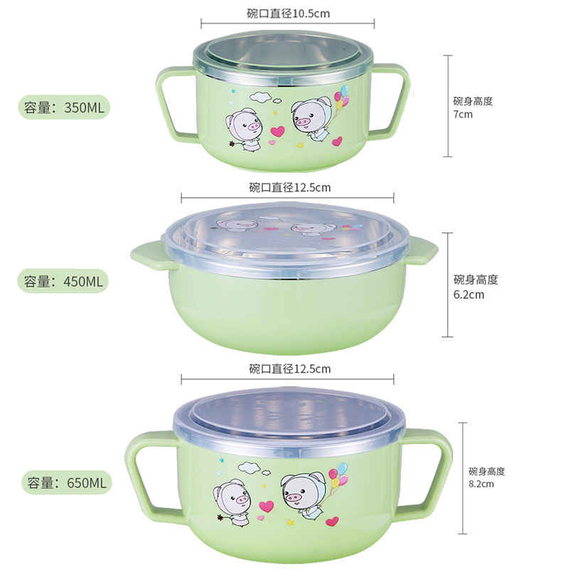 304 stainless steel children's cartoon rice bowl, double-layer heat-insulating double-ear bowl, baby food bowl with handle, gift logo Item Picture