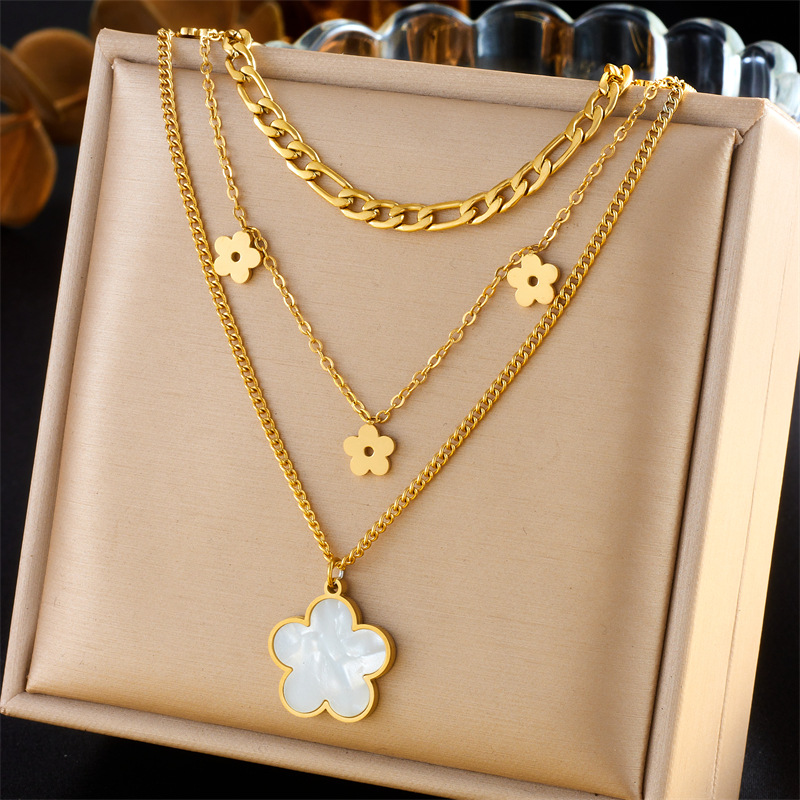 Korean-style fashionable and versatile retro gold-plated flower stainless steel pendant chain multi-layer layered jewelry necklace full figure