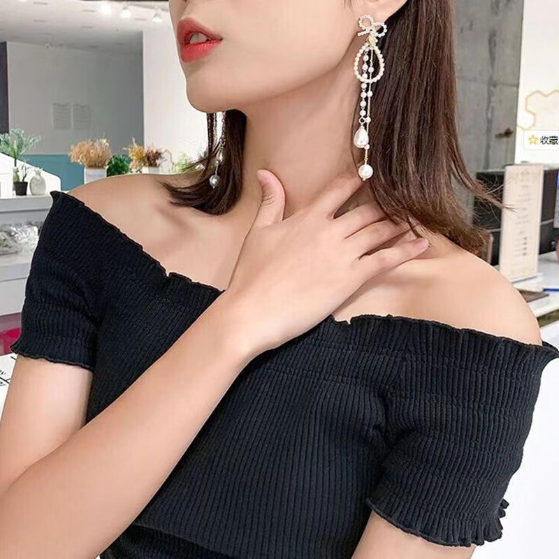 S925 Silver needle Korean version diamond-encrusted bow earrings, exaggerated and personalized irregular pearl tassel earrings and earrings wholesale Specification drawing