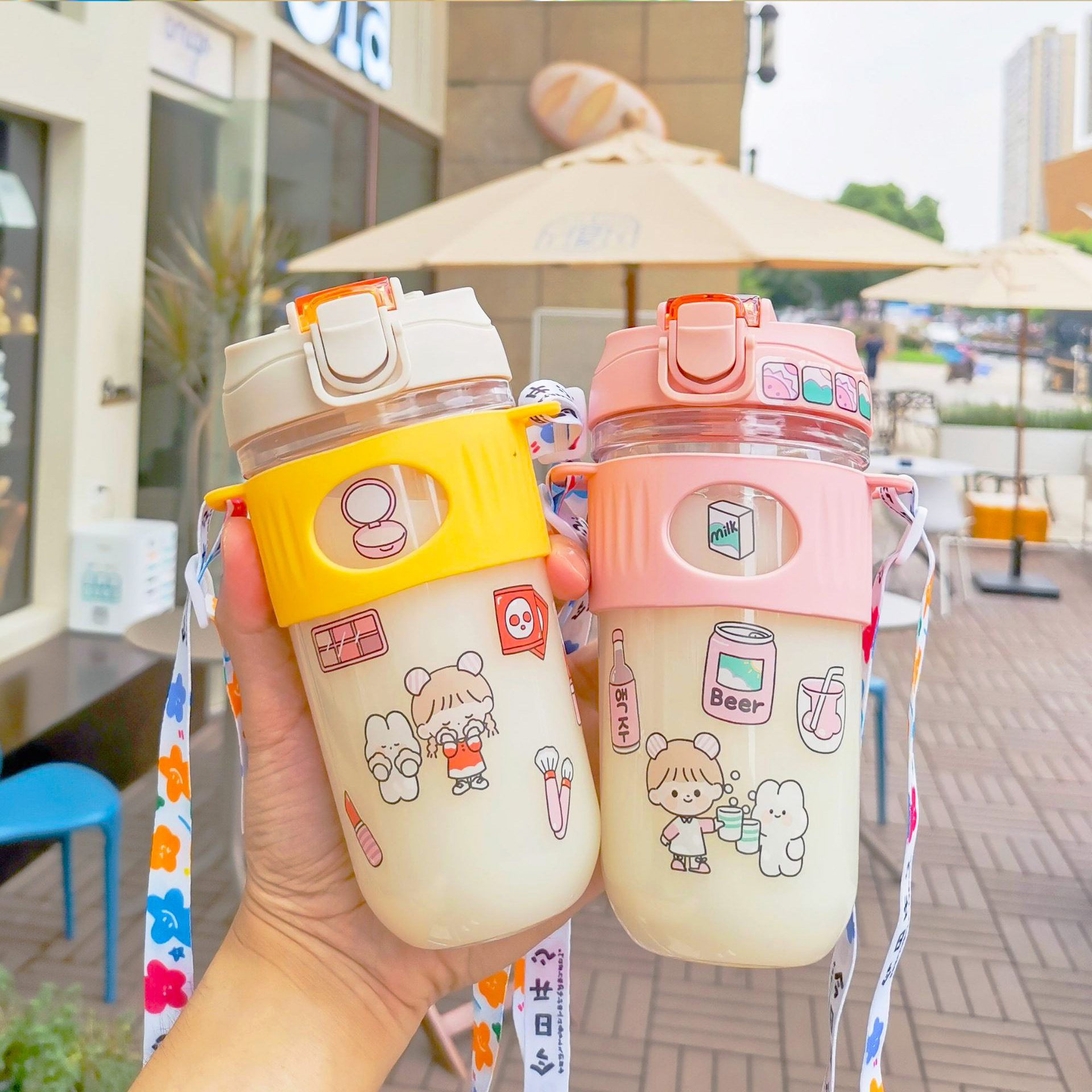 Anti-drop coffee cup, double-drinking cup with straw, popular portable water cup, student couple, office, outdoor, slanted cup sleeve, cup full figure
