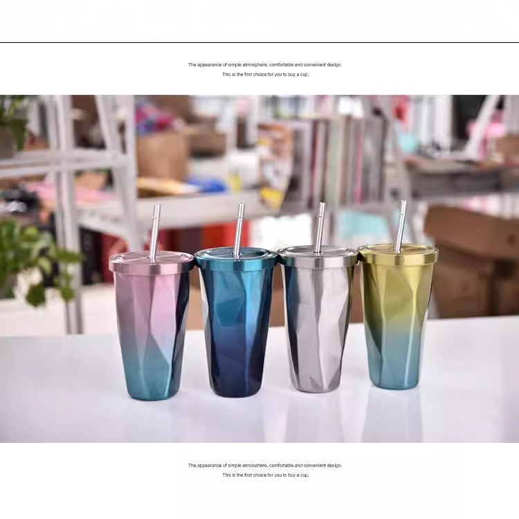 New gradient color cups, diamond-shaped insulated cups with straws, stainless steel double-layer water cups, advertising gifts, coffee water cups details Picture