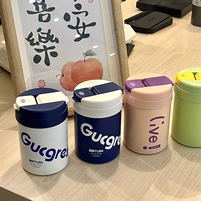 Ins-style insulated cup with straw, double drinking cup, high school girls' appearance level coffee cup, simple and portable cup with stickers included details Picture