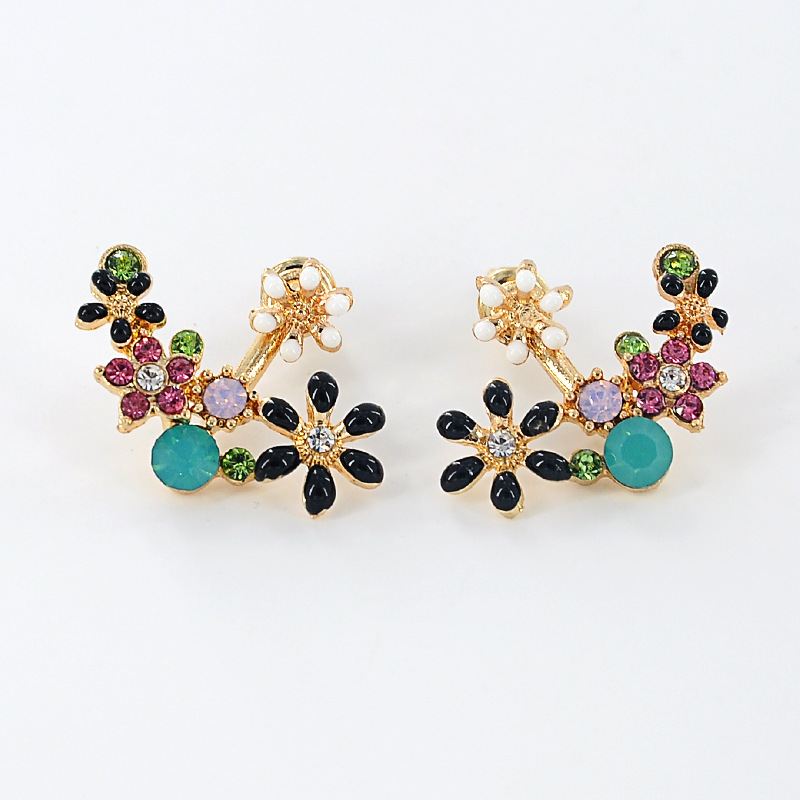 A new collection of sweet and charming Korean Riri flower rhinestone back-hanging earrings, a feminine and refreshing country-style accessory, and stud earrings Item Picture