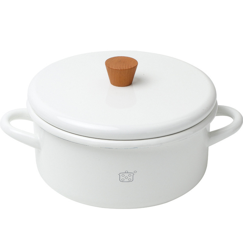 Japanese enamel milk pot, non-stick enamel pot, double-spout wooden handle enamel milk pot, baby food soup pot manufacturer in stock Item Picture