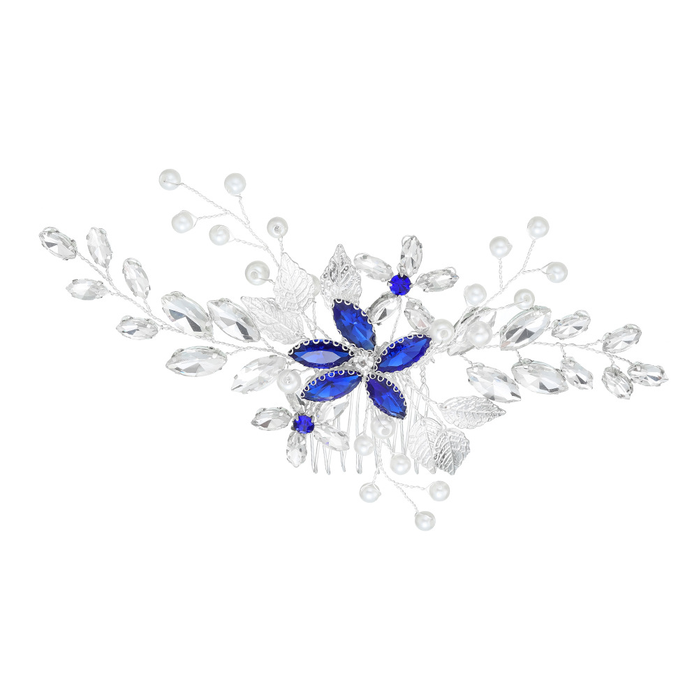 Cross-border new bride accessories, European and American wedding hair combs, handcrafted pearl blue diamond insert combs, birthday party dress headwear Item Picture