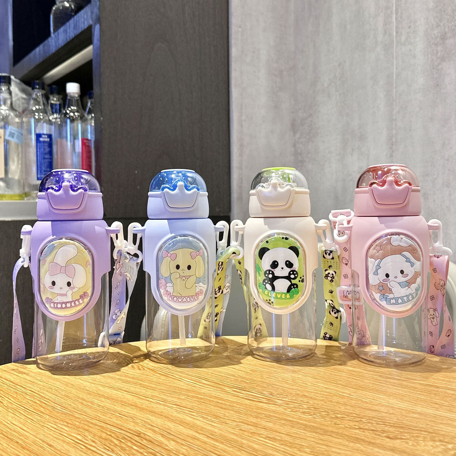 New children's straw cup, summer cute portable plastic cup, crossbody cartoon panda, special anti-drop cup for students details Picture