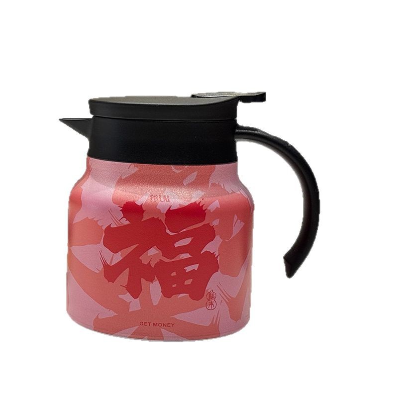 Chinese-style retro printed stainless steel stewed teapot with wooden handle, full-color insulated stewed teapot and water bottle, tea-water separation gift Item Picture