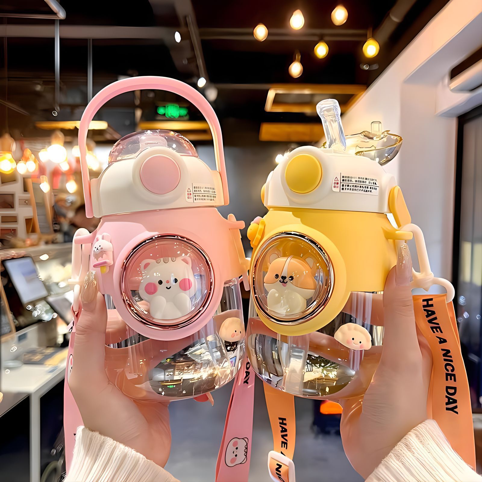 Children's water cups, cartoon straw cups, sports large-capacity drinking cups, cartoon plastic cups, summer space capsule water cups full figure