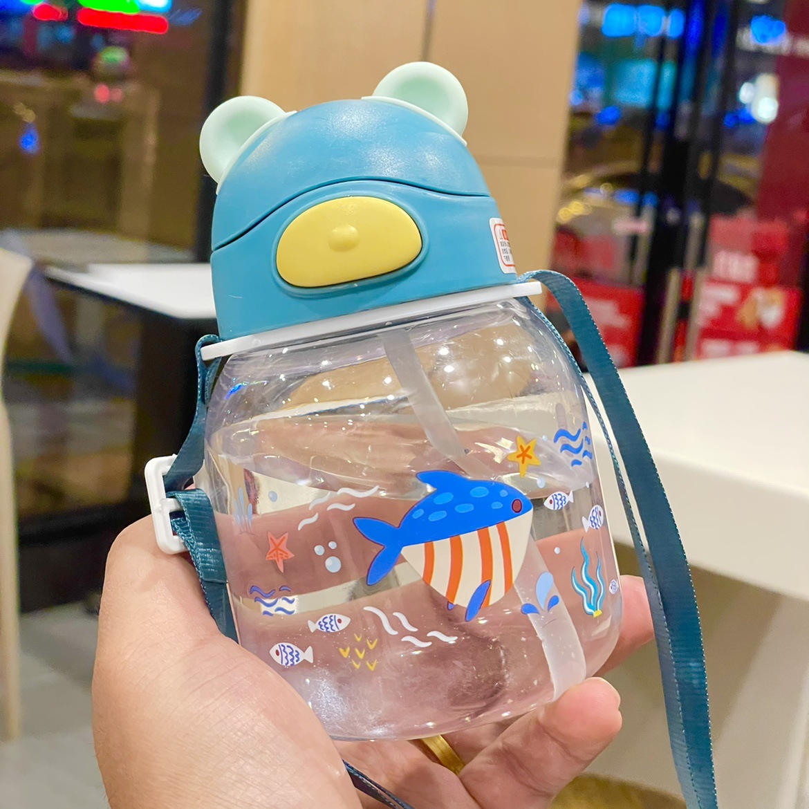 Children's straw cup, cute cartoon, small water cup for kindergarten babies, special water bottle for kids to go to school with scale details Picture