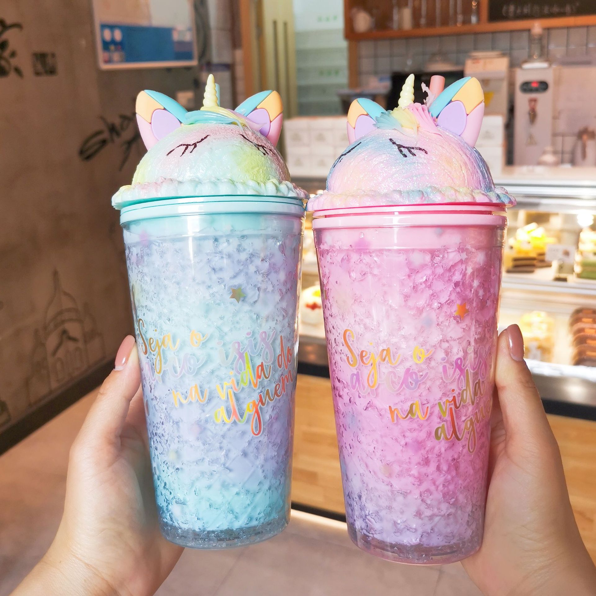 New ice crush cup, cute unicorn gradient color straw cup, high appearance level, home and office creative multi-functional cup Specification drawing