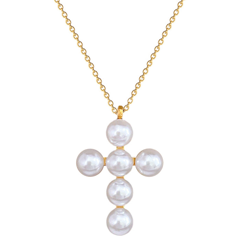 【 All-titanium Steel 】 Pearl cross minimalist style furnace, real gold necklace, female Instagram influencer collarbone chain accessory Item Picture