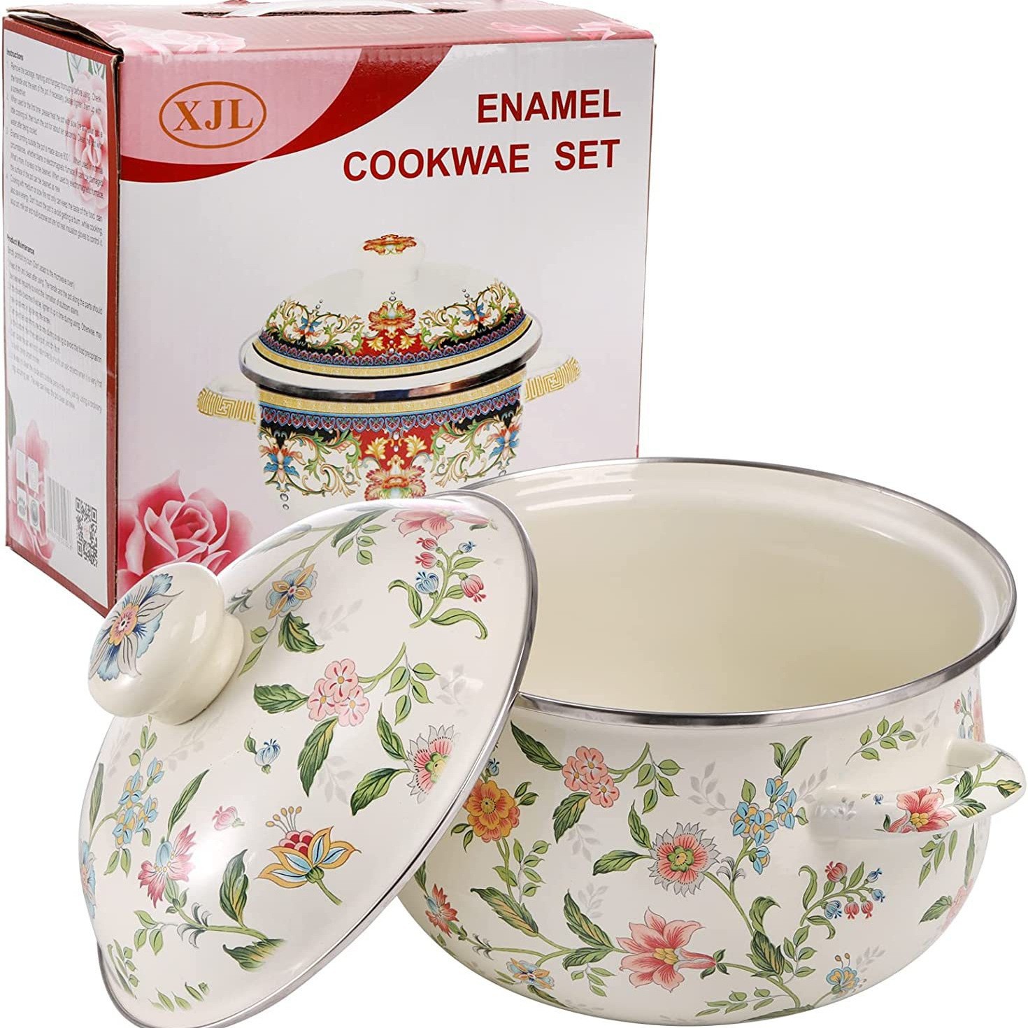 Cross-border bestsellers: Double-ear enamel soup pot, thickened flat-bottomed stew pot, high persimmon pot, enamel pot, gas and electromagnetic compatible full figure