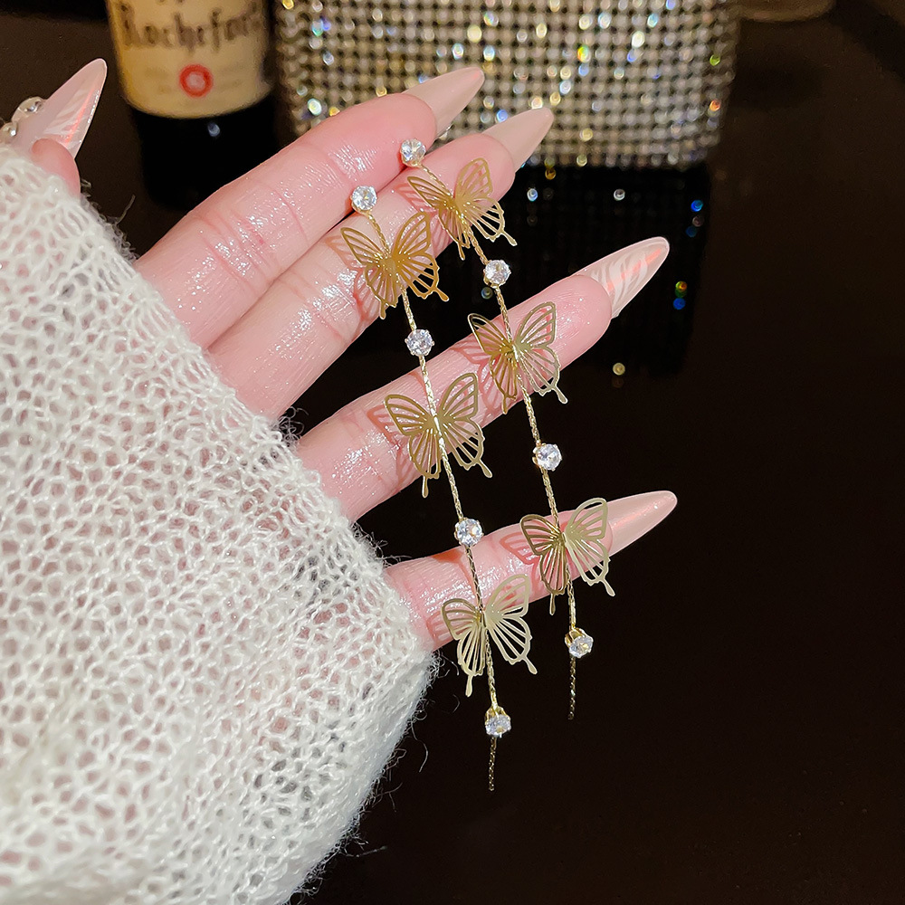 Korean style long earrings design sense, niche Internet celebrity fashion, versatile and slimming earrings, butterfly tassel earrings for women details Picture