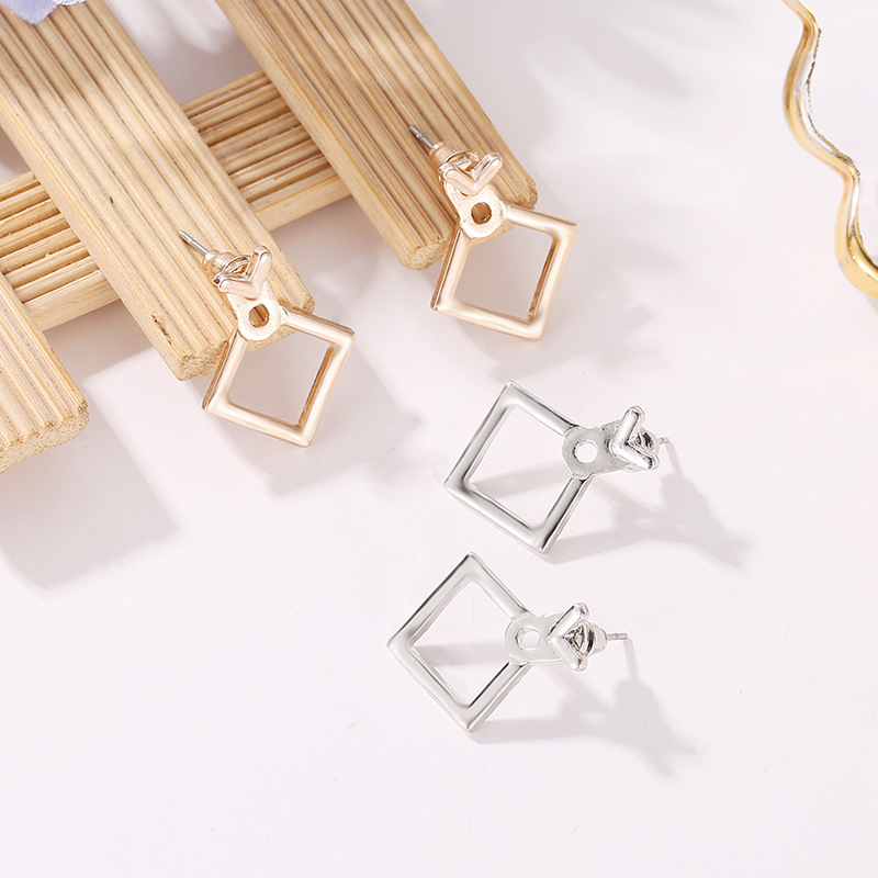 Wholesale of popular Japanese and Korean accessories, fashionable, personalized and versatile earrings, minimalist geometric hollowed-out diamond-shaped square stud earrings details Picture