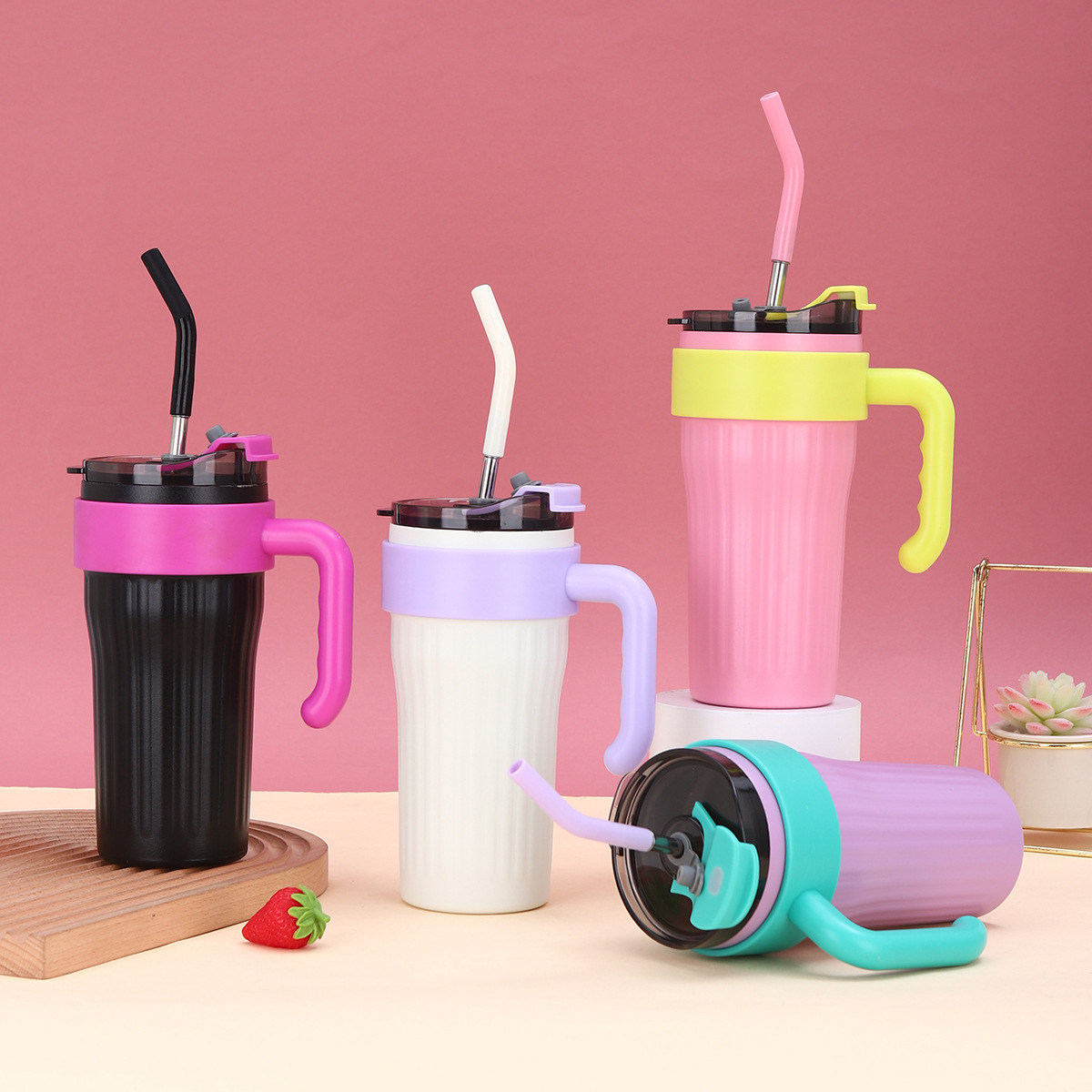 High-quality appearance level couple cold preservation ice cup, household large-capacity handle straw cup, double-layer vacuum stainless steel insulated cup details Picture