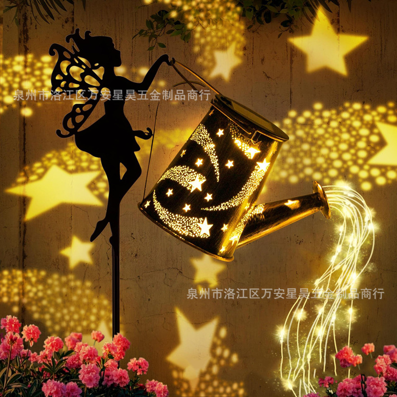 European-style retro garden balcony flower fairy ironwork ground plug, solar outdoor courtyard angel flower plug, sheep hook full figure