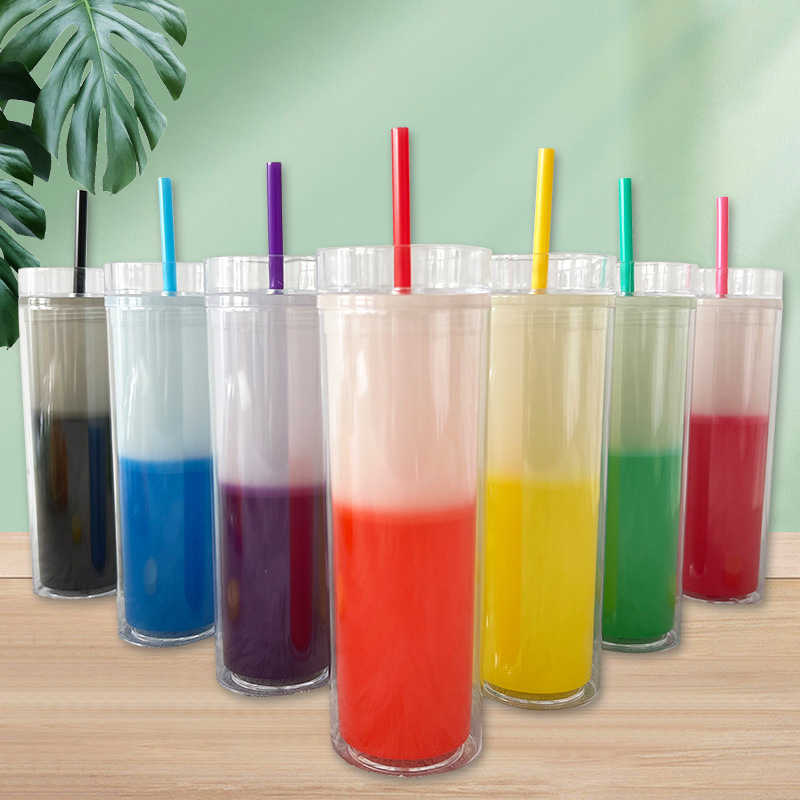 Wholesale of new double-layer PS color-changing cups, plastic straw cups, cross-border export temperature-sensitive drinking cups full figure