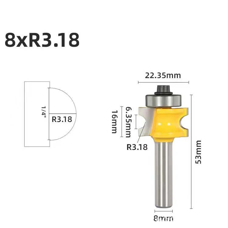 1/4 handle bearing semi-circular knife, 12 handles woodworking milling cutters, five ball milling cutters, and 8 handles of wooden stick trimming and engraving machine undefined