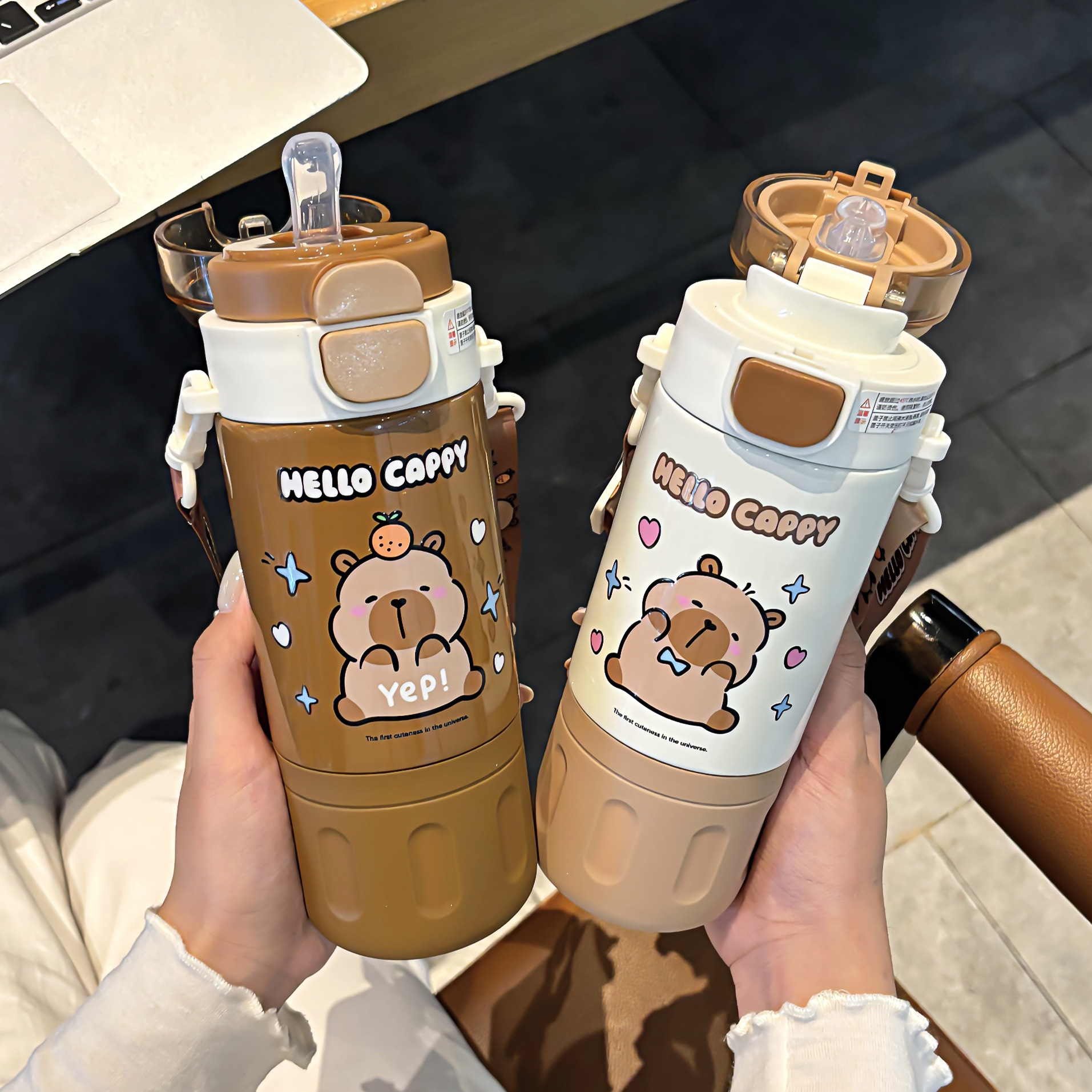Cute Capibara double-drinking student thermos cup, adjustable cup rope for easy carrying, silicone spout water cup details Picture