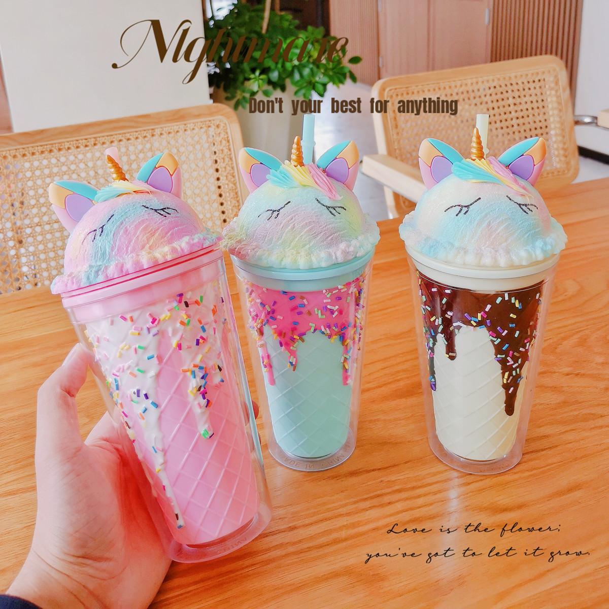 Unicorn Ice Cup Summer Fashion Double-layer plastic straw cup Cute high appearance level Covered water cup cross-border export details Picture