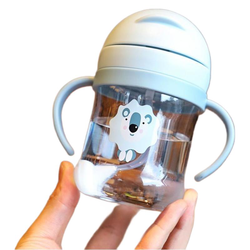 Cartoon infant and toddler graduated straw cup, anti-choking baby handle water bottle, plastic shock-resistant bite gravity ball drinking cup Item Picture